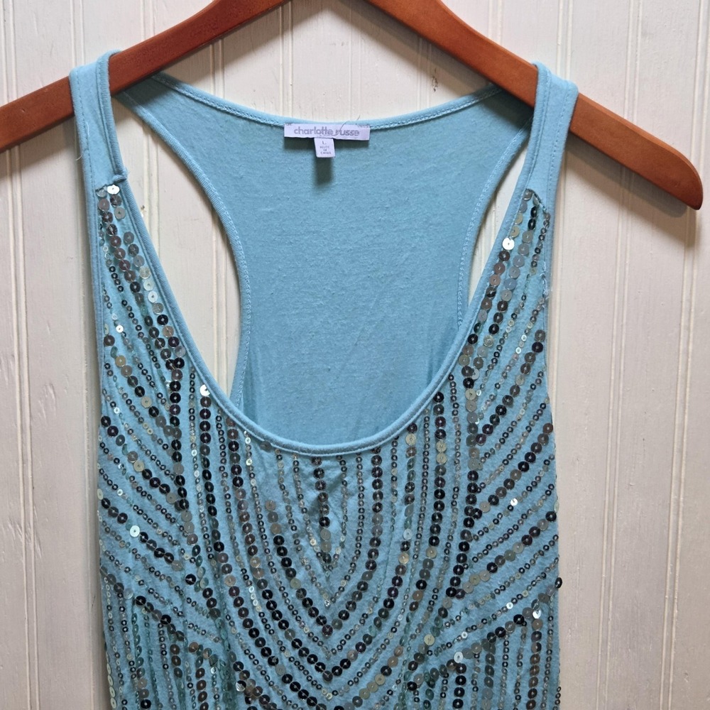 Charlotte Russe Tank Top Juniors Large Blue Sequin Scoop Neck Racerback Tunic